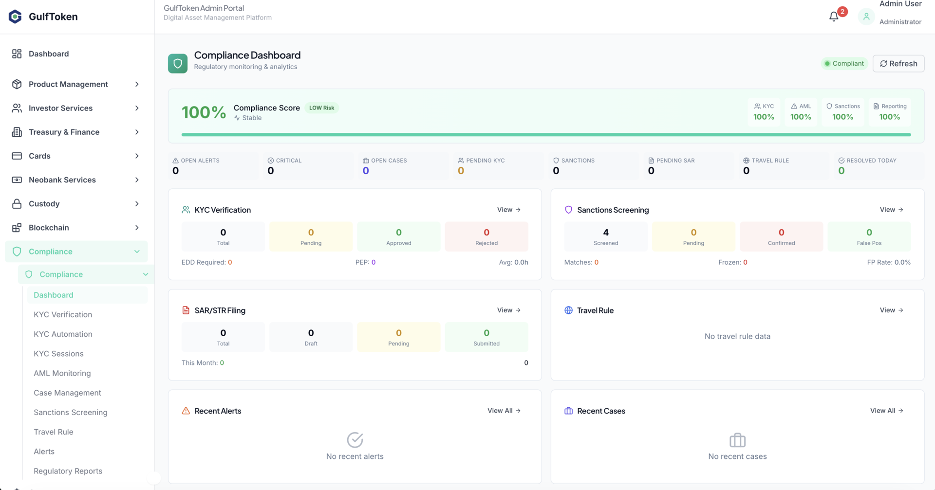 GulfToken Compliance Dashboard with Travel Rule and AML monitoring